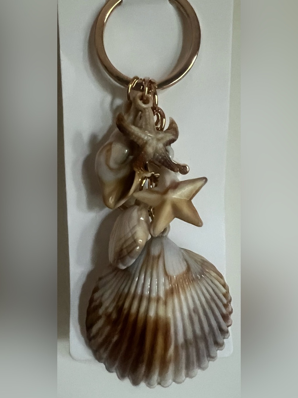 Seashell Charm Keychain with Starfish Accent in Gold Tone